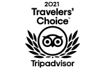 The image displays the "2021 Travelers' Choice" award logo from TripAdvisor, featuring an owl in the center and laurel leaves on either side.
