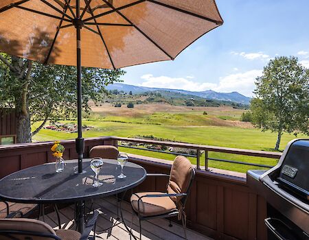 A sunny deck with a round table, chairs, an umbrella, a grill, and a scenic field and hills in the distance, perfect for outdoor dining.