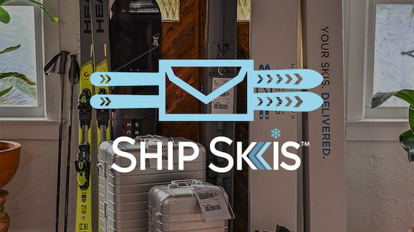 The image shows skis, ski boots, a suitcase, and a "Ship Skis" logo with the tagline "YOUR SKIS. DELIVERED." in front of a wooden door.