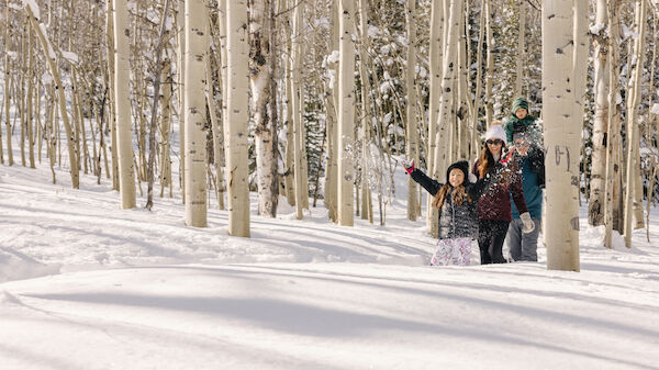 A snowy forest scene with a family playing, enjoying the winter outdoors among tall, bare trees. It's a joyful winter day.