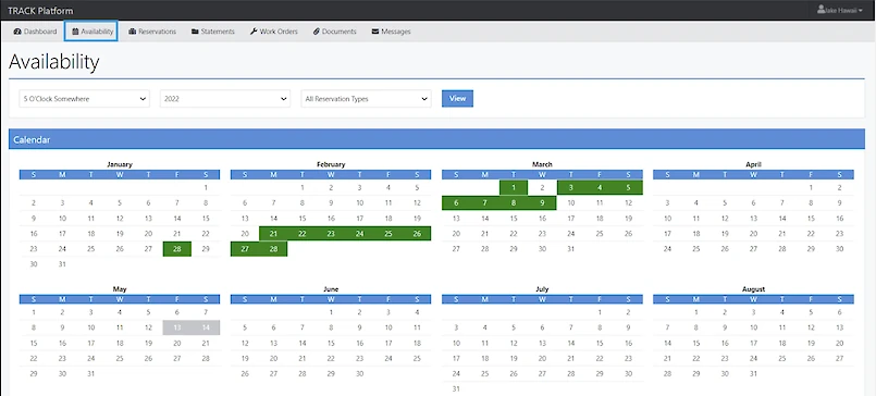 A software dashboard shows an Availability calendar with months Jan&ndash;Aug, highlighting days in green for available slots and blue headers.