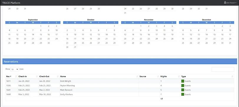 A calendar view shows September&ndash;December, plus a reservations table with guest names, check-in/out dates, source, nights, and type.