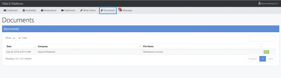 A screenshot of a web app's Documents page showing a list with one entry: date, company, and file name &ldquo;Maintenance Invoice,&rdquo; plus a View button. 140 characters, ending with a period.