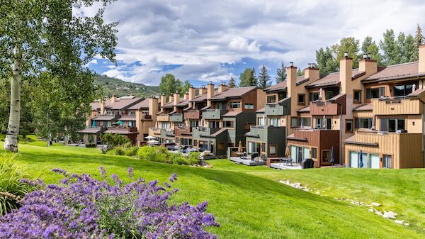 Colorful townhouses line a grassy slope with purple flowers in the foreground and a cloudy sky above.