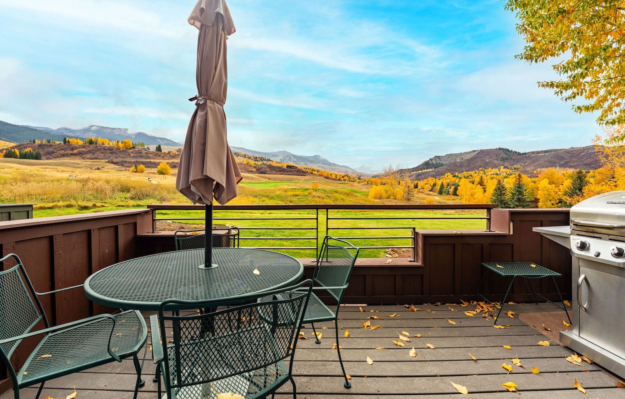 A round metal table with chairs on a wooden deck, an umbrella pole in the center, a grill to the right, autumn leaves on the floor, and a scenic countryside with hills and fields in the background.
