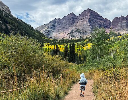 Wildflower-filled trail through a mountain valley; hiker in a turquoise jacket walking toward rugged peaks under a partly cloudy sky.